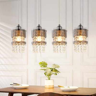 Glitzerlife - Hanglampen - 4xE27 - Modern Kristal Design - IJzer Kristal Materiaal - Hoogte Instelbaar - Ø12cm - Wit - Hanglamp Eetkamer Woonkamer Keuken - Hanglampen Eetkamer Verstelbaar Modern