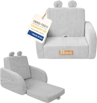 Flumi - 2 in 1 Uitschuifbare Kinderfauteuil - Schuimconstructie - Afneembare Wasbare Hoes - Corduroy Stof - Met Zijvakken - Grijs