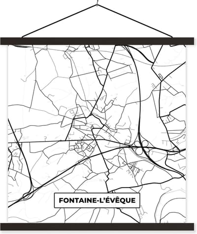 Posterhanger incl. Poster 60x60 cm - Schoolplaat - Kaart – Plattegrond – Stadskaart – Fontaine l'évêque – België – Zwart Wit - Textielposter - Zwarte latten - Stadskaart