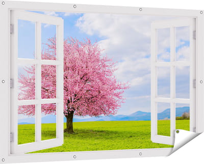 Gards Tuinposter Doorkijk Roze Sakura Bloesem Boom in het Groene Veld - 150x100 cm - Tuindoek - Tuindecoratie - Wanddecoratie buiten - Tuinschilderij