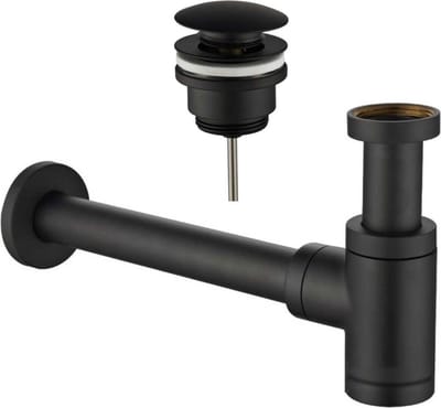 Design sifon Evolution 1¼" mat zwart met muurbuis inclusief luxe click waste afvoerplug 1¼" mat zwart
