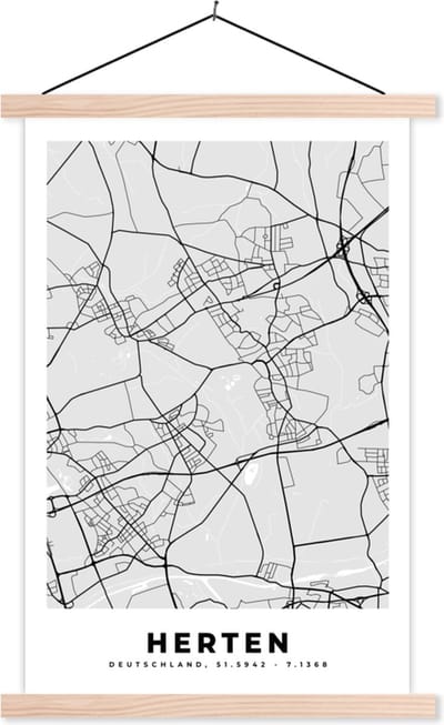 Posterhanger incl. Poster 40x60 cm - Schoolplaat - Kaart - Stadskaart - Duitsland - Herten - Plattegrond - Textielposter - Blanke latten - Stadskaart