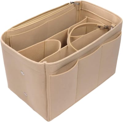 Famanu - Handtas-organizer, vilten tasorganizer met verwijderbare vakken, handtas-organisator tas met ritssluiting, bag-in-bag handtas-organisator beige, tas-organizer winkelwagen met sleutelketting