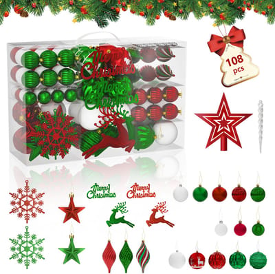 108 stuks kleine kerstballen, kunststof kerstboomversieringen met hangers, kerstversiering, ballen, kerstversieringen, decoratieve kerstboomversieringen, rood-groen