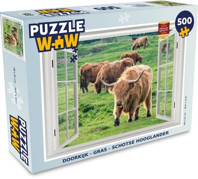 Puzzel Doorkijk - Gras - Schotse Hooglander - Legpuzzel - Puzzel 500 stukjes