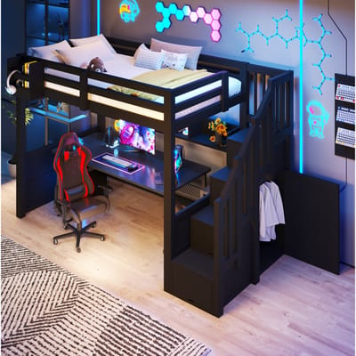 90x200 cm zwart houten hoogslaper met opbergkasten, LED-verlichting en trap met opbergruimte
