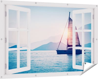 Gards Tuinposter Doorkijk Zeilboot bij Zonsondergang - 150x100 cm - Tuindoek - Tuindecoratie - Wanddecoratie buiten - Tuinschilderij