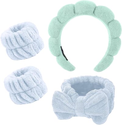 Set van 4 Haarbanden en Polsbanden voor Dames - Ideaal voor Spa, Huidverzorging en Yoga (Blauw)