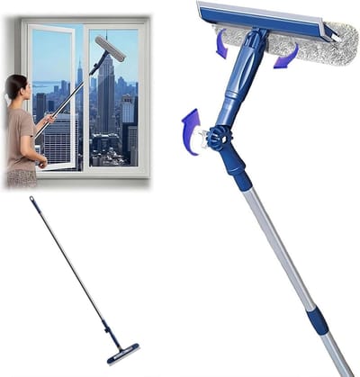 Raamwisser met Verlenging - Schoonmaak Tool - Ramen Zemen - 4-in-1 Roterende Kop - 120 cm Lengte - Blauw