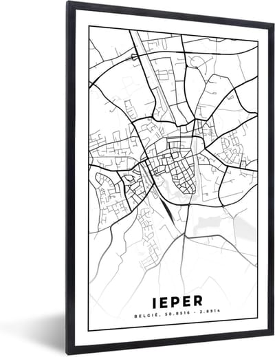 Fotolijst incl. Poster Zwart Wit- Stadskaart – Plattegrond – België – Zwart Wit – Ieper – Kaart - 40x60 cm - Posterlijst