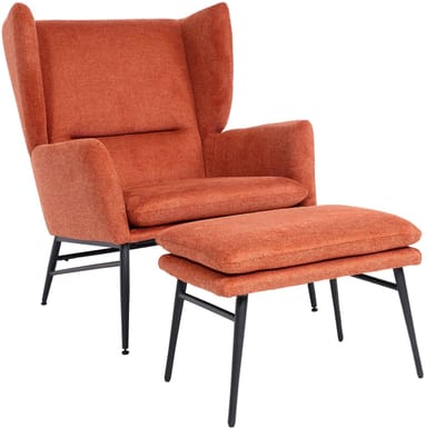 Lounge fauteuil met voetenbank MCW-L62, wing chair gestoffeerde fauteuil cocktail fauteuil kruk, stof/textiel ~ terracotta-bruin