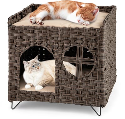 COSTWAY Kattenhuis van PE-rotan, inklapbaar, 2 etages kattenbed met grote zitstang, afneembare kussens, metalen poten en ramen, indoor kattenmeubel voor katten, 50,5 x 45 x 50 cm