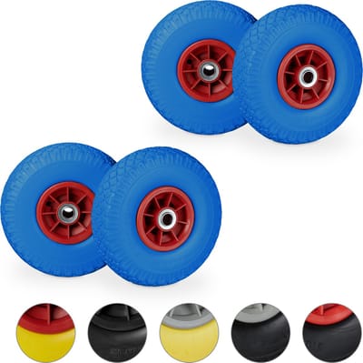 4x steekwagenwiel - 3.00-4 - rubberband - kogellager - 20 mm as - blauw-rood