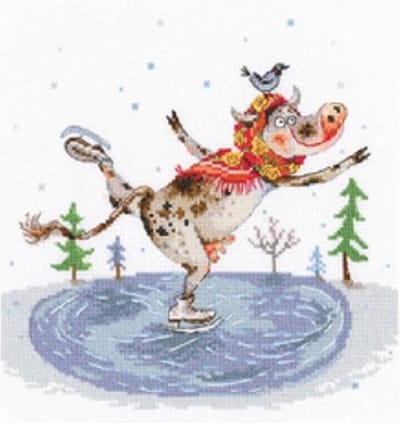 borduurpakket schaatsende koe