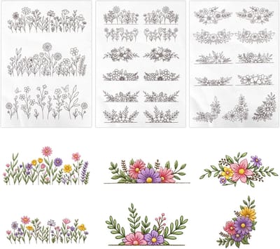 3Stuks Wateroplosbare Borduurpatronen, Voorgedrukt Bloemen Plak-en-Stik-Borduurpapier Uitwasbare Transferpatronen Wateroplosbare Stabilisator voor Handborduurwerk Beginners & Liefhebbers