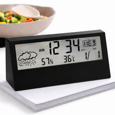 Digitale Bureauklok met Weerstation – LCD Wekker met Thermometer & Hygrometer – Binnen Weerbericht – Batterijgevoed – Zwart