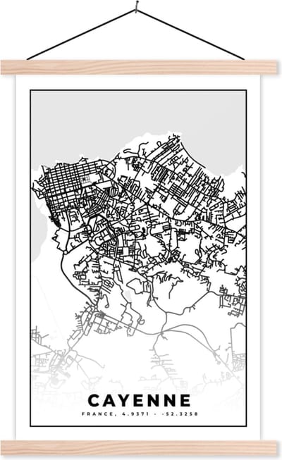 Posterhanger incl. Poster 40x60 cm - Schoolplaat - Stadskaart - Frankrijk - Kaart - Plattegrond - Cayenne - Zwart wit - Textielposter - Blanke latten - Stadskaart