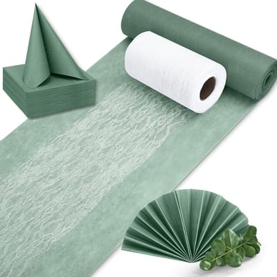 Tafelloper Vlieseline in Eucalyptus 30 cm x 30 m, Witte Decoratieve Kantbanden & Servetten in Eucalyptus Groen, Groen Tafelkleed Set voor Doop, Communie, Verjaardag en Bruiloft