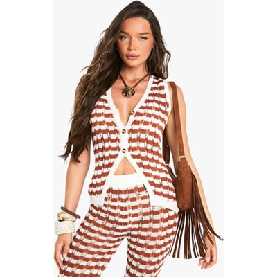 boohoo Dames Strepen Haak Gebreide Vest | Rust | Maat: Small