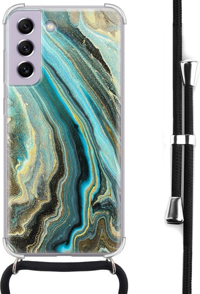 Hoesje met koord - Geschikt voor Samsung Galaxy S21 FE - Marmer mint - Verstelbaar zwart koord - Crossbody - Marmer - Transparant, Groen - Leuke Telefoonhoesjes