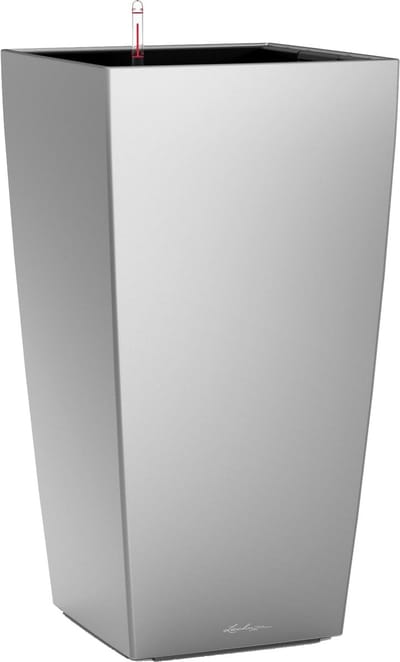 LECHUZA CUBICO PREMIUM 22 - Plantenbak - met uitneembare binnenbak - met bewateringssysteem - ALL-IN-ONE set met LECHUZA-PON - zilver metallic
