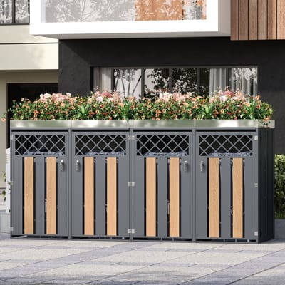MIVRAY Afvaltonnenkast – Vier Vakken Met Bloembak En Slot – Ruime Opbergruimte – Verzinkt Staal – Grijs Houtlook – Voor Tuin En Buitenruimte