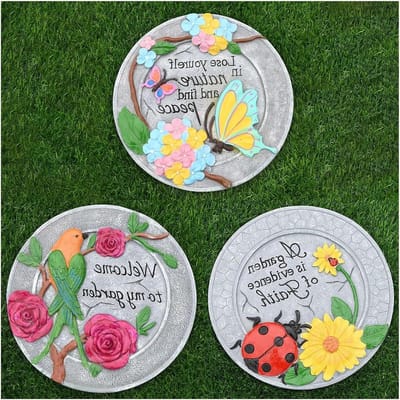 Tuinstenen - Decoratieve Stapstenen - Pad Aanleggen - Bloemenmotief - 26 cm Diameter - Multicolor