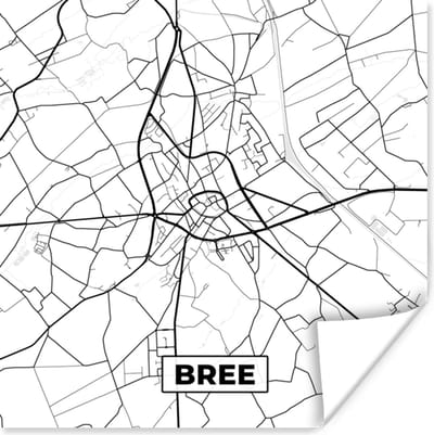 Poster Zwart Wit – België – Plattegrond – Stadskaart – Kaart – Bree - 100x100 cm XXL