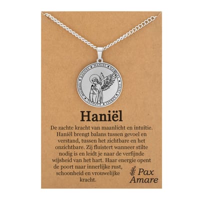Aartsengel Haniël Ketting op Cadeau Kaartje - Zilverkleurig - Beschermengel Talisman / Medalion - Engelen Hanger - 60cm