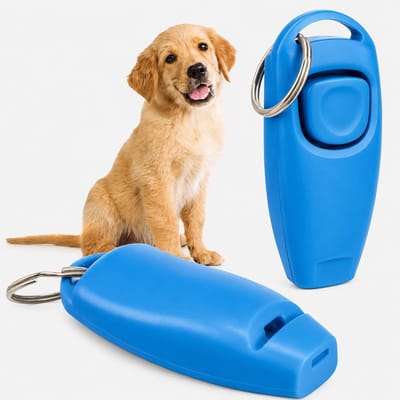 Okado honden clicker met fluit – 2 in 1 hondentrainer blauw – trainingsclicker met fluitje en sleutelring – clicker voor hond, puppy en kat – trainingshulp voor huisdieren