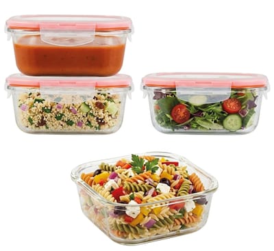 Lock&Lock Glazen Vershoudbakjes - Meal prep bakjes glas - Ovenschaaltjes met deksel - 750 ml - Luchtdicht - BPA vrij - PFAS vrij - Borosilicaatglas - Airfryer bakjes - Bewaarbakjes - 1 persoons ovenschaal - Vierkant - Set van 4 stuks