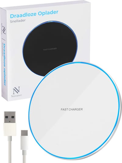 Nuvance - Draadloze Oplader 15W - Inclusief Kabel - Wireless Charger - Fast Charger - Geschikt voor alle Qi-Smartphones - Wit en Zilver