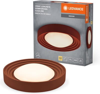 LEDVANCE ORBIS Concrete, bruine betonnen plafondlamp met LED, 24,5W, 1800lm, 3000K vriendelijk warm wit, dimbaar in 3 stappen door te klikken, 500mm diameter, IP20 bescherming, geschikt voor badkamers