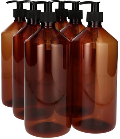 6 x 1000 ml Pharma PET Fles Bruin met Dispenserpomp Zwart- PET Kunststof BPA-vrij - Plastic Flessen Navulbaar - Met Dop - Lege Flessen - 6 stuks