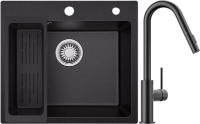 SOFETIY MAX Granieten Spoelbak Zwart / Antraciet (50*45cm) - Spoelbak Keuken Met V-Uitloop Keukenkraan - Spoelbakken Keuken – Wasbak Keuken Met Waterafvoersysteem