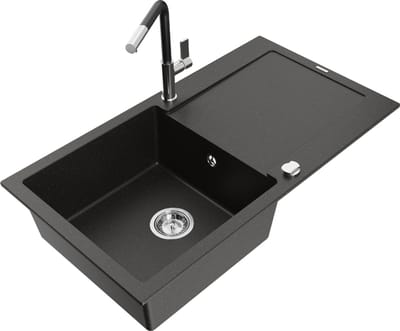 Mexen Leo granieten gootsteen 1-kompartment met afdruiprek en keukenkraan Flora, zwart/gouden metallic - 6501-75-670401-07
