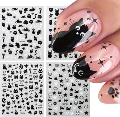 Dailygoods- Nagelstickers Set van 4 - Zelfklevende Nagelstickers - Kattenmotieven - Nageltattoos - Nagelkunst - 3D Effect - Nageltattoo