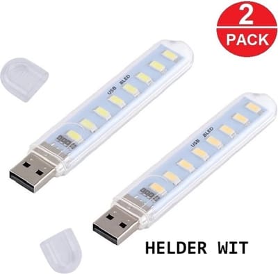 Han-Bar® 2 x Draagbare Mini USB LED Nachtlamp – Helder Wit – 8 LED – Voor Powerbank, Laptop & Noodverlichting