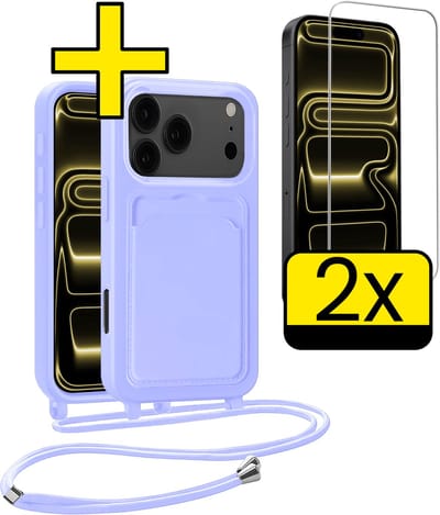 Hoesje Geschikt voor iPhone 17 Pro Max Telefoonhoesje Met Koord Case Pashouder Met 2x Screenprotector Siliconen - Hoes Geschikt voor iPhone 17 Pro Max Hoesje Met Kaarthouder - Lila
