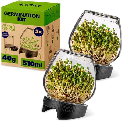 KADAX kiemglazen 510 ml, set van 2, kiemglazen met zeefdeksel Ø 82 mm voor verse spruiten, kweekglazen voor radijs, broccoli & tuinkers, incl. radijszaad