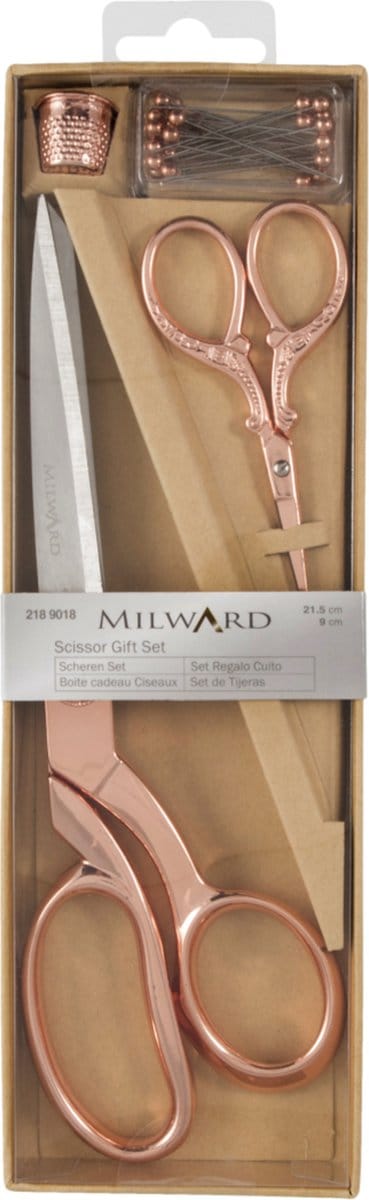 Milward Schaar Cadeau Set. Kleermakerijschaar(21,5cm), Borduurschaar(9cm), Vingerhoed en Spelden
