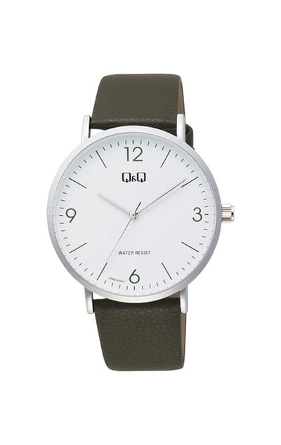 Q&Q Q56B-003PY - Horloge - Analoog - Heren - Mannen - Leren band - Rond - Metaal - Groen - Zilverkleurig - Wit - 3ATM