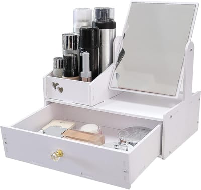 Cosmetic Organizer met Spiegel voor Make-up en Schoonheidsproducten, Wit, Met Lade voor Badkamer en Slaapkamer