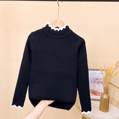 Pull d'hiver pour filles avec col moyen intégré Couche intérieure en tricot de velours pour filles 150 noir