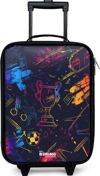 NoBoringSuitcases.com® - Kinderkoffer jongen - Kindertrolley meisje - Neon sporttrofee design - Koffer kind lichtgewicht - Reiskoffer trolley voor kinderen - Koffertje met lichtgevende wieltjes - Rolkoffer zwart