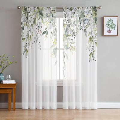 Bloemen Aquarellen Bladeren Bloemknoppen Raamgordijnen Voor Woonkamer Slaapkamer Keuken Chiffon Transparant Raambekleding 135W x 114H(cm) white