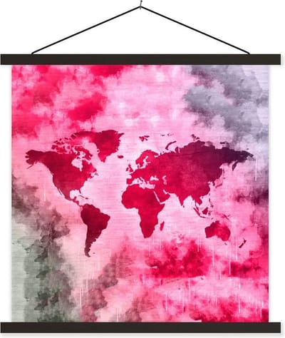 Posterhanger incl. Poster 60x60 cm - Schoolplaat - Wereldkaart - Abstract - Kleuren - Textielposter - Zwarte latten