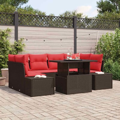 vidaXL - Bankstel - 7 - st - 6-Aantal - zitplaatsen - Bruin - en - Rood - poly - rattan