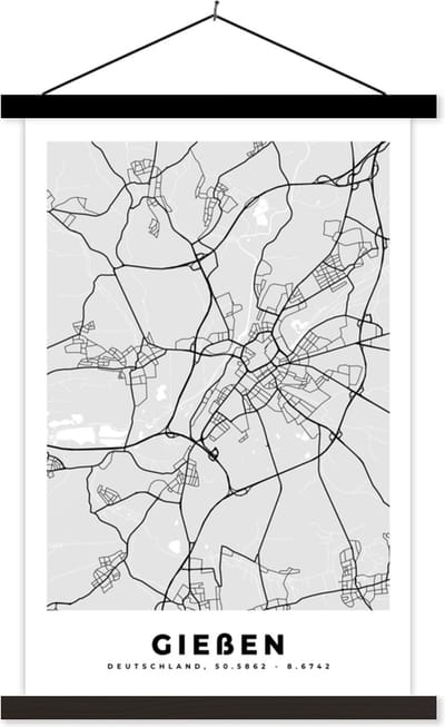 Posterhanger incl. Poster 40x60 cm - Schoolplaat - Duitsland - Stadskaart - Plattegrond - Gieẞen - Kaart - Textielposter - Zwarte latten - Stadskaart