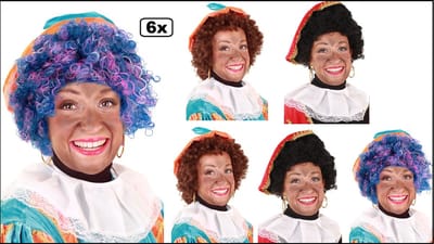 6x Mix Luxe Pieten pruik kroes bruin / krul zwart /regenboog - verstelbare kap en wasbaar - Sinterklaas feest thema feest Sint en Piet